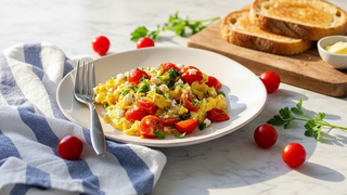 Soft Scrambled Farm Eggs with Cherry Tomatoes and Olive Oil
