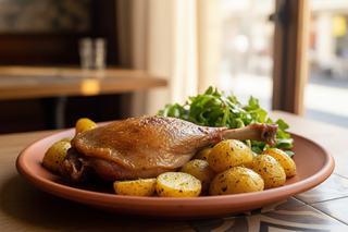 Crispy Duck Confit with Roasted Potatoes and Mesclun Salad
