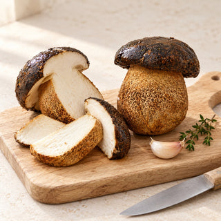 porcini black boletus preparation illustration on a clean chopping board; other ingredients and utensils are serving suggestions, not included